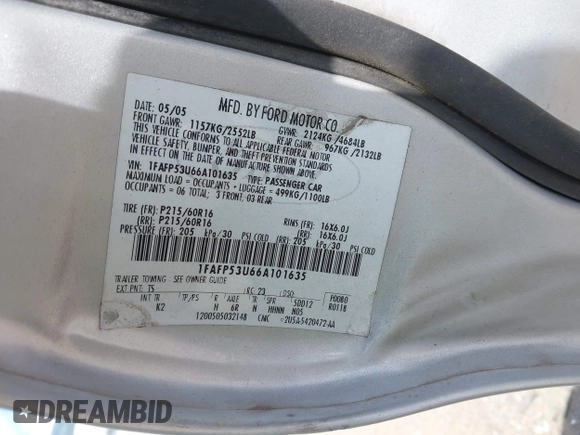 2006 Ford Taurus SE with VIN 1FAFP53U66A101635, listed as a IAAI auction lot 42067998 with 208,734 mi miles. Bid and sale history available at carsss.com. Image 9.