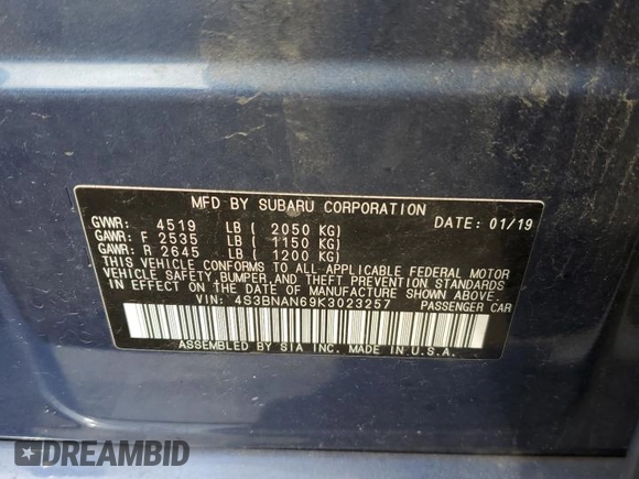 2019 Subaru Legacy Limited with VIN 4S3BNAN69K3023257, listed as a Copart auction lot 41904253 with 0 mi miles. Bid and sale history available at carsss.com. Image 12.