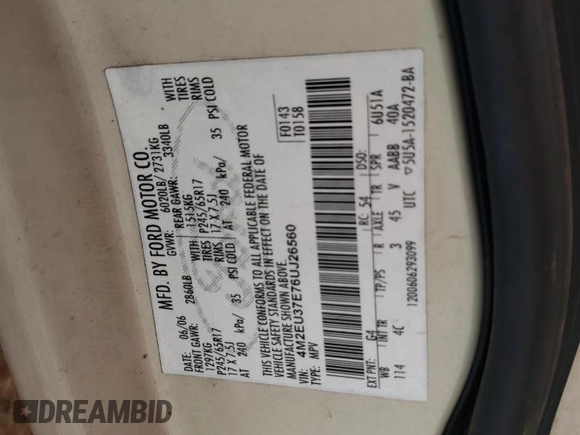 2006 Mercury Mountaineer Luxury with VIN 4M2EU37E76UJ26560, listed as a Copart auction lot 61408055 with 155,032 mi miles and Salvage title. Bid and sale history available at DreamBid. Image 13.