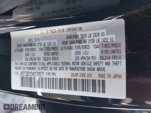 2017 Mazda CX-9 Grand Touring with VIN JM3TCBDY0H0130671, listed as a IAAI auction lot 42514237 with 81,016 mi miles and . Bid and sale history available at DreamBid. Image 9.