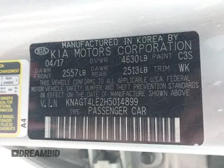 2017 Kia Optima z VIN KNAGT4LE2H5014899, wystawiony jako IAAI lot #42578989 z przebiegiem 110 363 mil mil oraz . Historia ofert i sprzedaży dostępna na DreamBid. Obrazek 9.