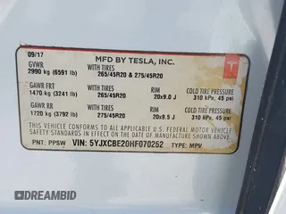 2017 Tesla Model X 90D z VIN 5YJXCBE20HF070252, wystawiony jako IAAI lot #42281644 z przebiegiem 39 362 mil mil oraz . Historia ofert i sprzedaży dostępna na DreamBid. Obrazek 9.