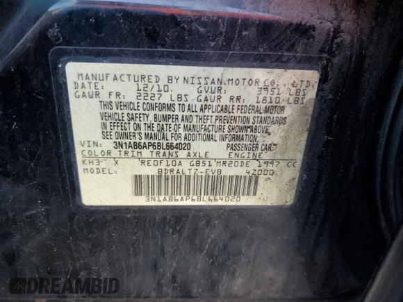 2011 Nissan Sentra S with VIN 3N1AB6AP6BL664020, listed as a Copart auction lot 49903825 with 158,155 mi miles and Salvage title. Bid and sale history available at DreamBid. Image 12.
