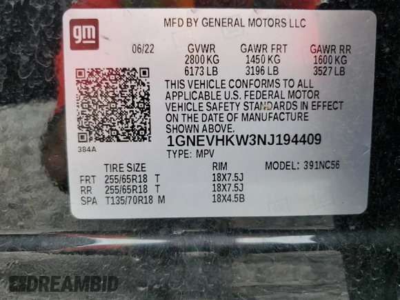 2022 Chevrolet Traverse LT z VIN 1GNEVHKW3NJ194409, wystawiony jako Copart lot #54600805 z przebiegiem 71 910 mil mil oraz Szkoda całkowita • Salvage title. Historia ofert i sprzedaży dostępna na DreamBid. Obrazek 13.