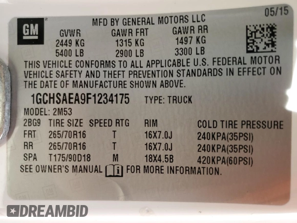 2015 Chevrolet Colorado 2WD with VIN 1GCHSAEA9F1234175, listed as a Copart auction lot 55464275 with 145,992 mi miles and Clean Title. Bid and sale history available at DreamBid. Image 12.