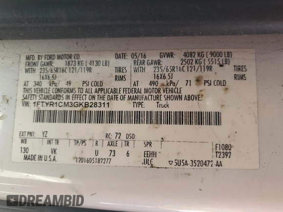 2016 Ford Transit Cargo с VIN 1FTYR1CM3GKB28311, выставлен на аукционе Copart как лот 62732685 с пробегом 223 927 миль миль и Списание • Salvage title. История ставок и продаж доступна на DreamBid. Изображение 13.