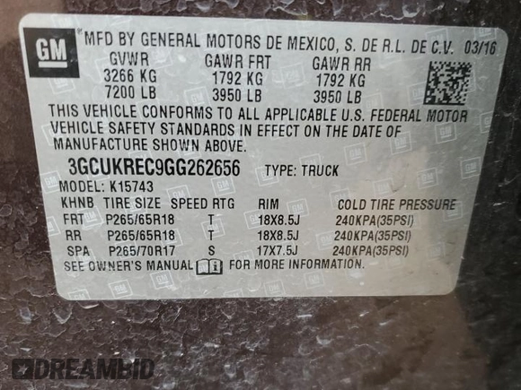 2016 Chevrolet Silverado 1500 LT with VIN 3GCUKREC9GG262656, listed as a Copart auction lot 44765435 with 112,940 mi miles and Salvage Title. Bid and sale history available at DreamBid. Image 12.