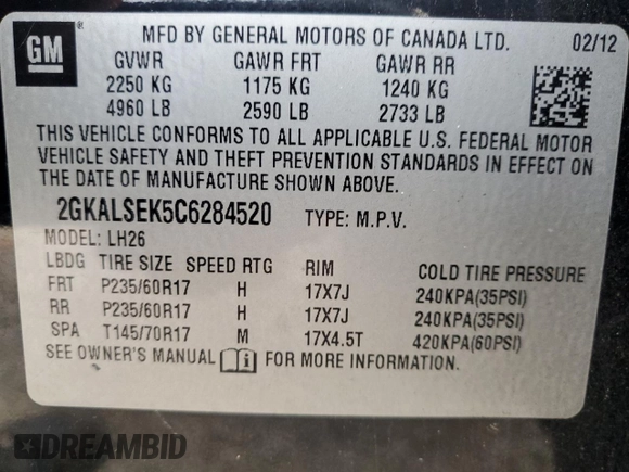 2012 GMC Terrain SLE-2 z VIN 2GKALSEK5C6284520, wystawiony jako Copart lot #55261265 z przebiegiem Nie podano mil oraz Szkoda całkowita • Salvage title. Historia ofert i sprzedaży dostępna na DreamBid. Obrazek 13.