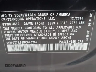 2017 Volkswagen Passat SE with VIN 1VWGT7A36HC040257, listed as a IAAI auction lot 42481165 with 144,812 mi miles and . Bid and sale history available at DreamBid. Image 9.