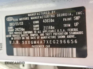 2014 Kia Optima LX z VIN 5XXGM4A7XEG296656, wystawiony jako Copart lot #41903485 z przebiegiem 113 587 mil mil oraz Szkoda całkowita • Salvage title. Historia ofert i sprzedaży dostępna na DreamBid. Obrazek 14.