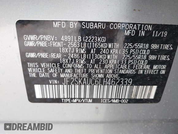2020 Subaru Forester Limited with VIN JF2SKAUC6LH462339, listed as a IAAI auction lot 42201109 with 50,648 mi miles and . Bid and sale history available at DreamBid. Image 9.