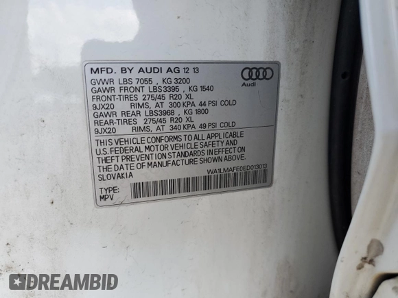 2014 Audi Q7 Premium Plus with VIN WA1LMAFE0ED013013, listed as a Copart auction lot 60080435 with 134,960 mi miles and Clean title. Bid and sale history available at DreamBid. Image 13.