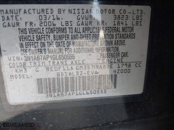 2016 Nissan Sentra SR with VIN 3N1AB7AP1GL650555, listed as a IAAI auction lot 41851416 with 156,299 mi miles. Bid and sale history available at carsss.com. Image 9.