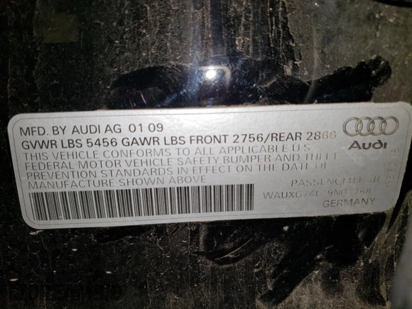 2009 Audi A6 with VIN WAUXG74F19N032681, listed as a Copart auction lot 68731214 with 241,768 mi miles and Salvage title. Bid and sale history available at DreamBid. Image 12.