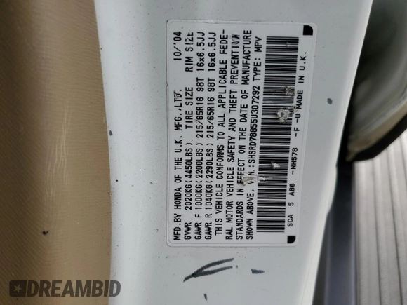 2005 Honda CR-V EX with VIN SHSRD78855U307292, listed as a Copart auction lot 47638585 with 252,940 mi miles and Salvage Title. Bid and sale history available at carsss.com. Image 13.