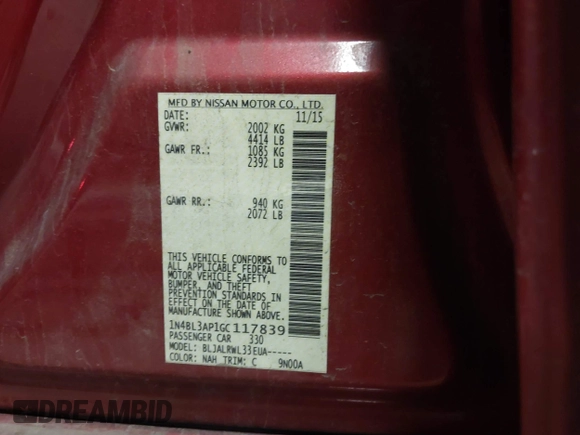 2016 Nissan Altima SL with VIN 1N4BL3AP1GC117839, listed as a IAAI auction lot 41297920 with 181,251 mi miles and . Bid and sale history available at DreamBid. Image 9.