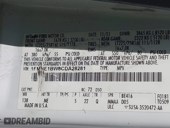 2012 Ford Econoline Passenger XL с VIN 1FMNE1BW8CDA28281, выставлен на аукционе IAAI как лот 42515949 с пробегом Не указан миль и . История ставок и продаж доступна на DreamBid. Изображение 9.