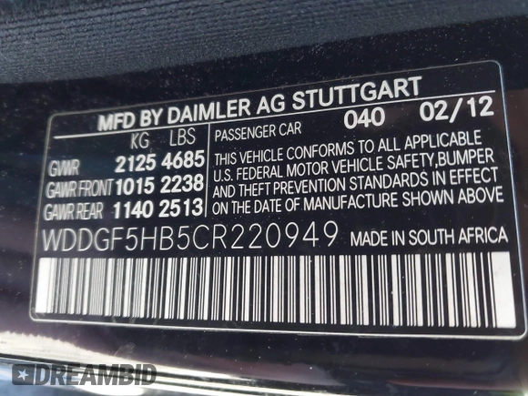 2012 Mercedes-Benz C 350 Sport with VIN WDDGF5HB5CR220949, listed as a IAAI auction lot 41555458 with 126,051 mi miles and . Bid and sale history available at DreamBid. Image 9.