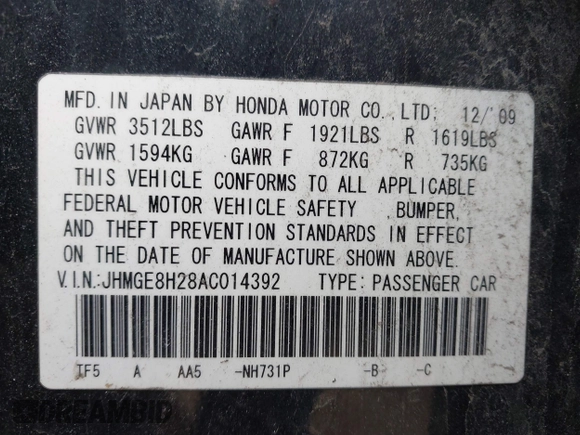 2010 Honda Fit with VIN JHMGE8H28AC014392, listed as a IAAI auction lot 41639302 with 147,433 mi miles. Bid and sale history available at carsss.com. Image 9.