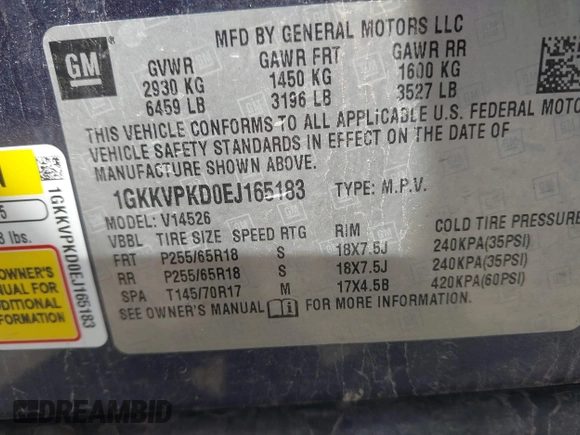 2014 GMC Acadia SLE z VIN 1GKKVPKD0EJ165183, wystawiony jako IAAI lot #42209675 z przebiegiem 249 312 mil mil oraz . Historia ofert i sprzedaży dostępna na DreamBid. Obrazek 9.