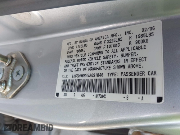 2006 Honda Accord EX-L с VIN 1HGCM56836A091846, выставлен на аукционе IAAI как лот 42078176 с пробегом 153 922 миль миль и . История ставок и продаж доступна на DreamBid. Изображение 9.