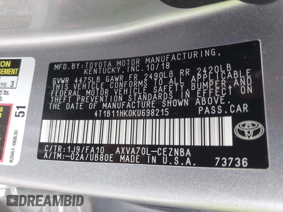 2019 Toyota Camry LE z VIN 4T1B11HK0KU698215, wystawiony jako IAAI lot #42319699 z przebiegiem 54 864 mil mil oraz . Historia ofert i sprzedaży dostępna na DreamBid. Obrazek 9.