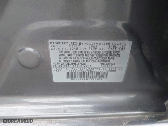 2019 Nissan Versa Sedan SV with VIN 3N1CN7AP3KL876363, listed as a IAAI auction lot 41915360 with 96,401 mi miles. Bid and sale history available at carsss.com. Image 9.