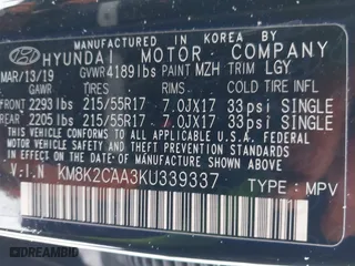 2019 Hyundai Kona SEL with VIN KM8K2CAA3KU339337, listed as a IAAI auction lot 41635132 with 51,343 mi miles. Bid and sale history available at carsss.com. Image 9.