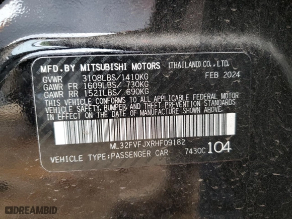 2024 Mitsubishi Mirage G4 SE with VIN ML32FVFJXRHF09182, listed as a Copart auction lot 85093814 with 8,872 mi miles and Salvage Title. Bid and sale history available at carsss.com. Image 13.