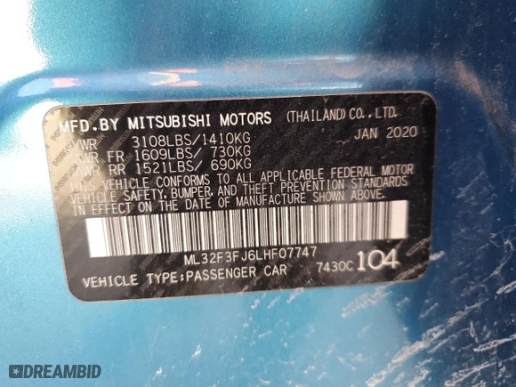 2020 Mitsubishi Mirage G4 ES with VIN ML32F3FJ6LHF07747, listed as a Copart auction lot 45566625 with 41,045 mi miles and Salvage Title. Bid and sale history available at carsss.com. Image 14.