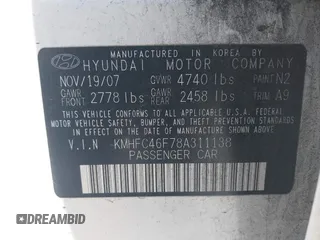 2008 Hyundai Azera Limited with VIN KMHFC46F78A311138, listed as a IAAI auction lot 42004678 with 91,444 mi miles and . Bid and sale history available at DreamBid. Image 9.