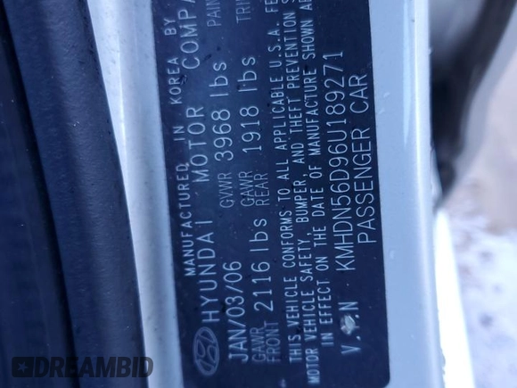 2006 Hyundai Elantra GLS z VIN KMHDN56D96U189271, wystawiony jako Copart lot #46472245 z przebiegiem 139 094 mil mil oraz Szkoda całkowita • Salvage title. Historia ofert i sprzedaży dostępna na DreamBid. Obrazek 12.
