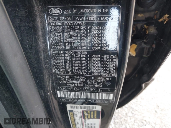 2007 Land Rover Range Rover SC with VIN SALMF13417A239283, listed as a IAAI auction lot 41014442 with Not provided miles and . Bid and sale history available at DreamBid. Image 9.