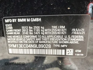 2022 BMW X3 M with VIN 5YM13EC04N9L89028, listed as a IAAI auction lot 42258087 with 23,240 mi miles and . Bid and sale history available at DreamBid. Image 9.