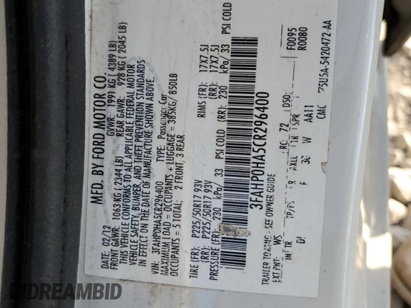 2012 Ford Fusion SE with VIN 3FAHP0HA5CR296400, listed as a Copart auction lot 43944785 with 178,382 mi miles and Salvage Title. Bid and sale history available at carsss.com. Image 14.
