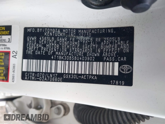 2011 Toyota Avalon with VIN 4T1BK3DB5BU403902, listed as a IAAI auction lot 41472945 with 175,685 mi miles and . Bid and sale history available at DreamBid. Image 9.