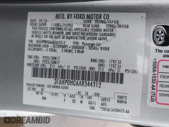 2010 Ford Fusion SE with VIN 3FAHP0HG6AR344312, listed as a IAAI auction lot 41701402 with 136,539 mi miles. Bid and sale history available at carsss.com. Image 9.