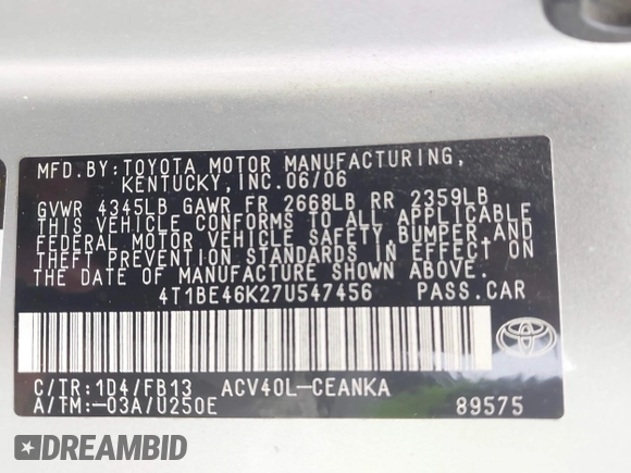 2007 Toyota Camry CE with VIN 4T1BE46K27U547456, listed as a IAAI auction lot 42061860 with 283,739 mi miles and . Bid and sale history available at DreamBid. Image 9.