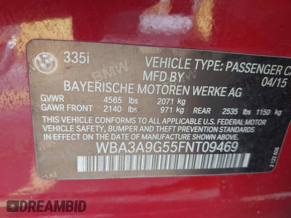 2015 BMW 3 Series 335i with VIN WBA3A9G55FNT09469, listed as a IAAI auction lot 42825493 with 96,735 mi miles and . Bid and sale history available at DreamBid. Image 9.
