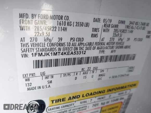 2019 Ford Expedition Max Platinum with VIN 1FMJK1MT4KEA53312, listed as a IAAI auction lot 41035899 with 87,484 mi miles and . Bid and sale history available at DreamBid. Image 9.