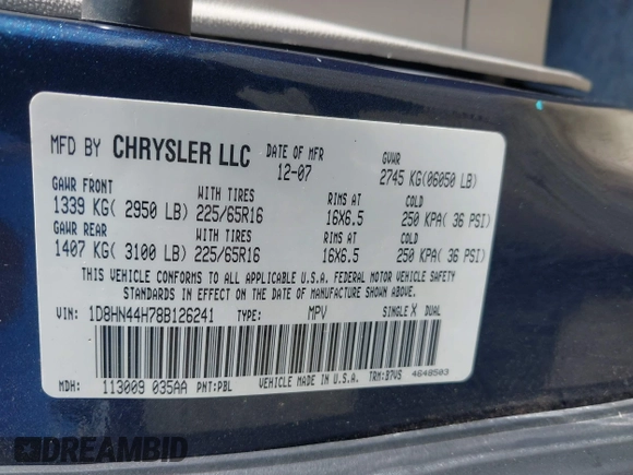 2008 Dodge Grand Caravan SE with VIN 1D8HN44H78B126241, listed as a IAAI auction lot 42245918 with 137,424 mi miles and . Bid and sale history available at DreamBid. Image 9.