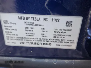 2023 Tesla Model S with VIN 5YJSA1E57PF498760, listed as a Copart auction lot 88494905 with 39,521 mi miles and Salvage title. Bid and sale history available at DreamBid. Image 12.