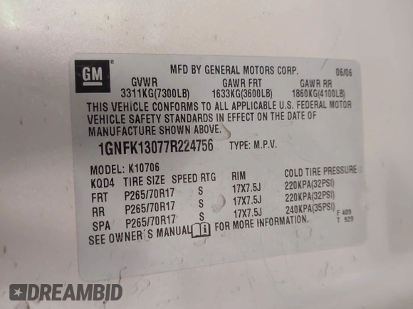 2007 Chevrolet Tahoe LT z VIN 1GNFK13077R224756, wystawiony jako IAAI lot #42620527 z przebiegiem Nie podano mil oraz . Historia ofert i sprzedaży dostępna na DreamBid. Obrazek 9.
