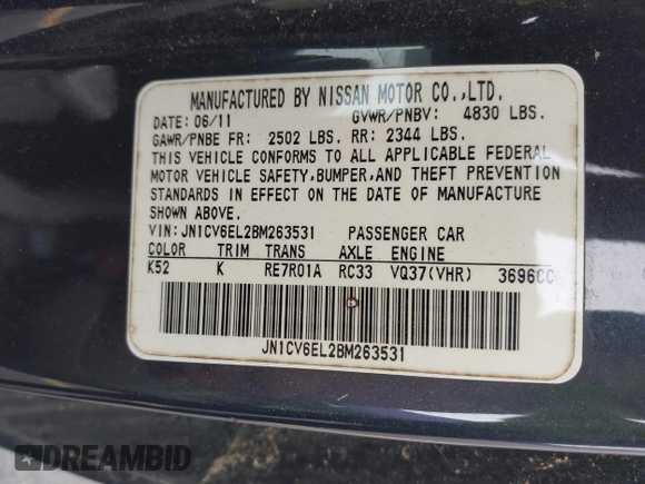 2011 Infiniti G37 Coupe x with VIN JN1CV6EL2BM263531, listed as a IAAI auction lot 42107235 with 146,959 mi miles. Bid and sale history available at carsss.com. Image 9.