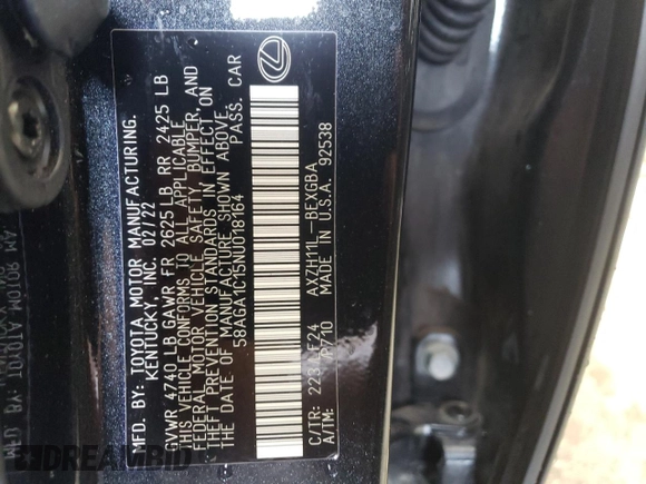 2022 Lexus ES 300h F Sport with VIN 58AGA1C15NU018164, listed as a Copart auction lot 64182814 with 4,474 mi miles and Salvage title. Bid and sale history available at DreamBid. Image 12.