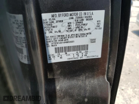 2004 Ford F-150 XLT with VIN 1FTPX14514NB53551, listed as a Copart auction lot 59434295 with 179,798 mi miles and Salvage title. Bid and sale history available at DreamBid. Image 12.