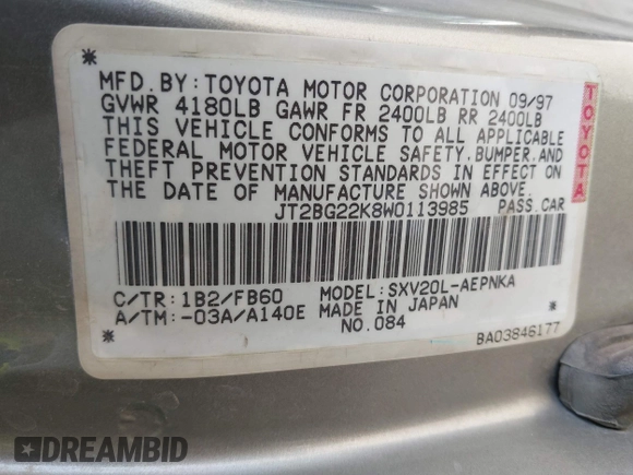 1998 Toyota Camry LE z VIN JT2BG22K8W0113985, wystawiony jako IAAI lot #42321418 z przebiegiem 277 270 mil mil oraz . Historia ofert i sprzedaży dostępna na DreamBid. Obrazek 9.