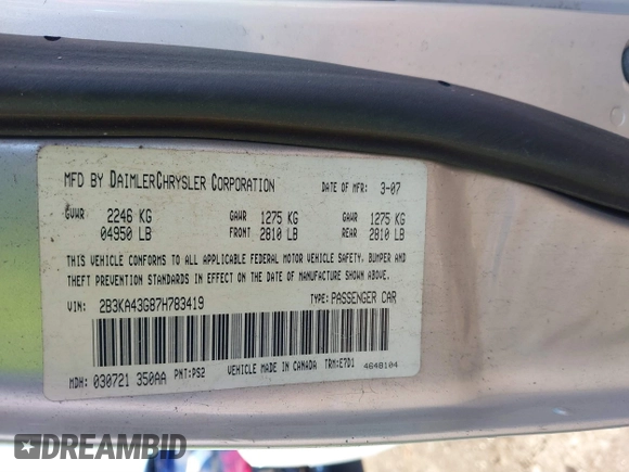 2007 Dodge Charger z VIN 2B3KA43G87H783419, wystawiony jako IAAI lot #41182055 z przebiegiem 162 842 mil mil oraz . Historia ofert i sprzedaży dostępna na DreamBid. Obrazek 9.