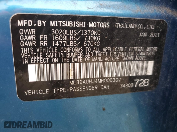 2021 Mitsubishi Mirage ES with VIN ML32AUHJ4MH006307, listed as a Copart auction lot 57297285 with 64,527 mi miles and Salvage title. Bid and sale history available at DreamBid. Image 12.