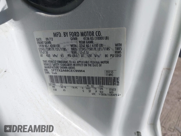 2012 Ford F-250 XL with VIN 1FT7X2A68CEC99964, listed as a IAAI auction lot 40496283 with 66,548 mi miles and . Bid and sale history available at DreamBid. Image 9.